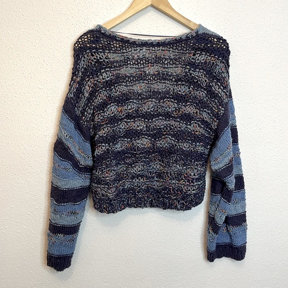 Free People Navy and Light Blue Striped Chunky Knitted Crop Top Sweater - Picture 4 of 6